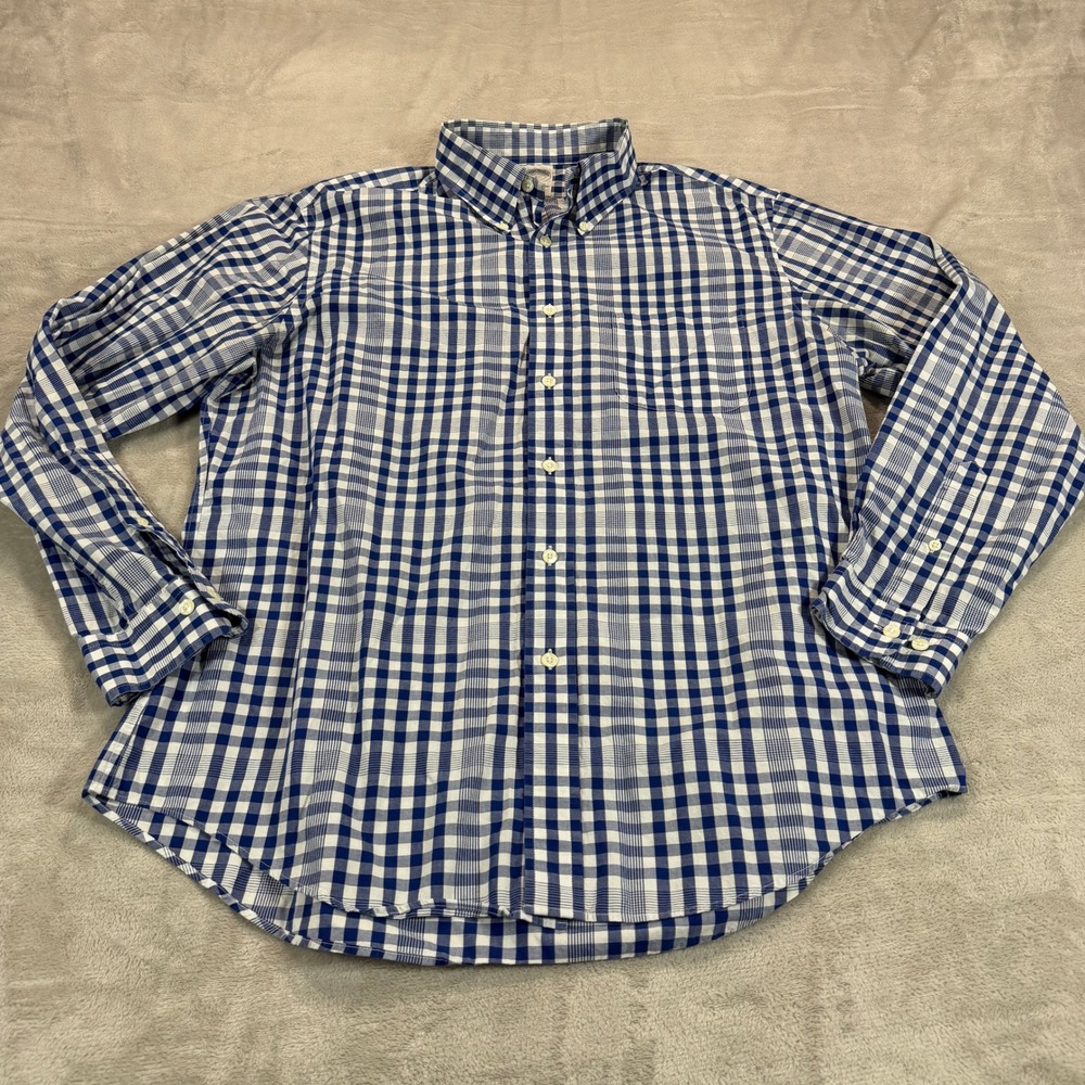 Brooks Brothers Regent 1818 Mens Large Gingham Button Down Shirt Navy Cotton